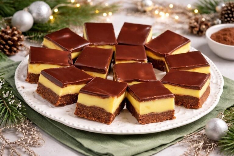 nanaimo, cake, chocolate, condensed milk, icing, christmas, party, dessert, nuts, yellow, brown, plate, bakery, dessert plate, christmas ornaments, green, desserts on plate, white plate, delicious look