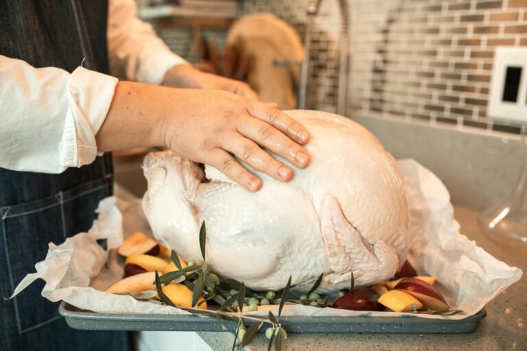 Preparation of a raw turkey on a baking tray surrounded by fresh apples ready for cooking.
